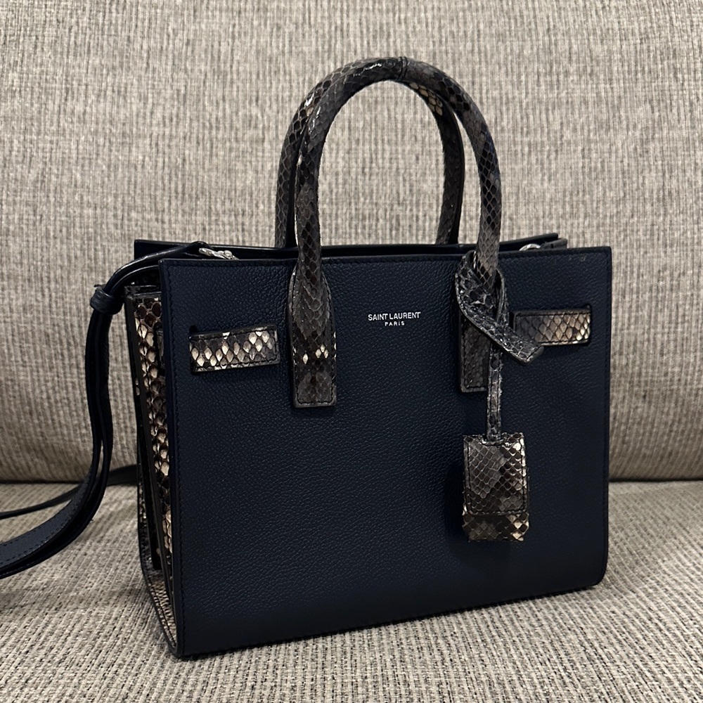 Saint Laurent Navy and Snakeskin Sac De Jour Nano